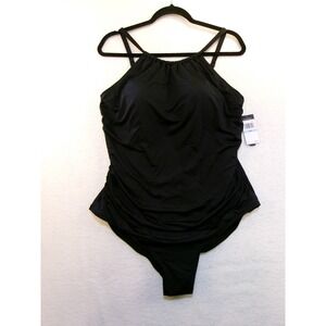 Jantzen Womens Black High Neck Ruched One Piece Swimsuit JZ22559M Size 20W NWT